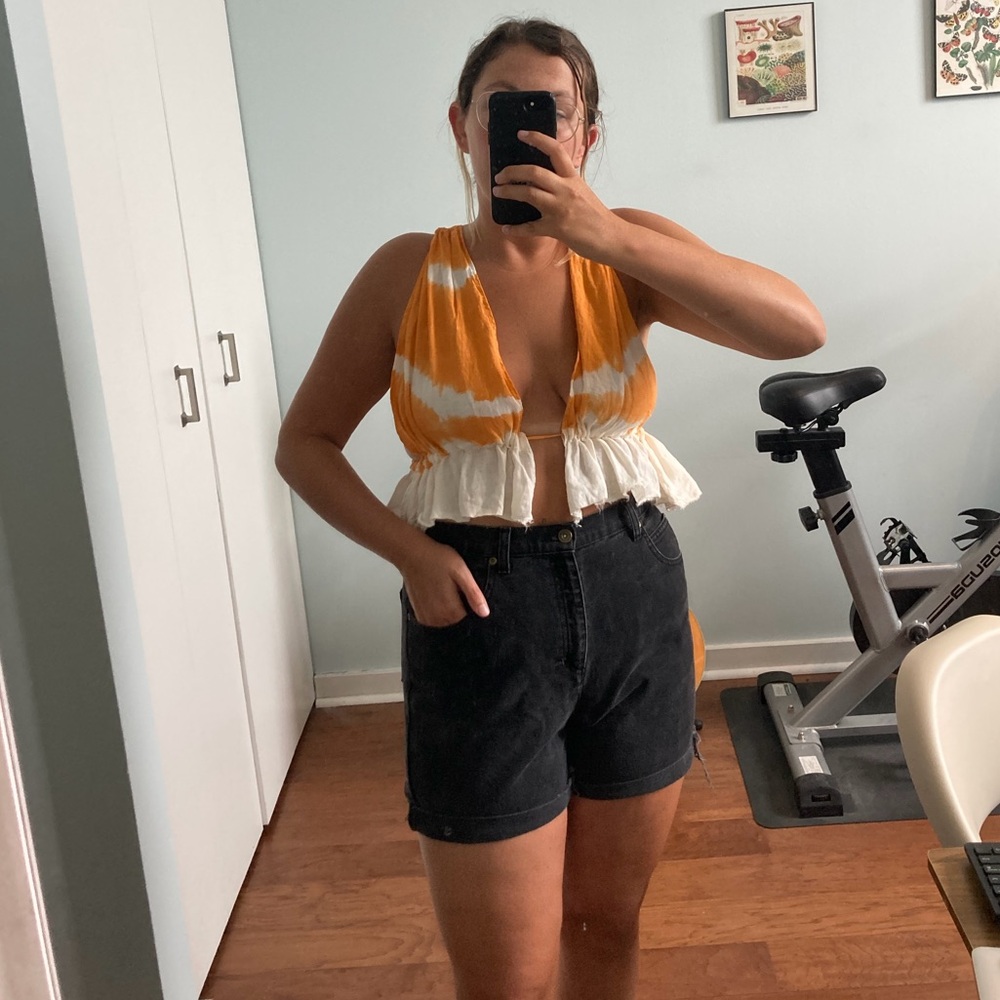 Zara skimpy 100% linen Orange and White Tie-Dye string crop Top